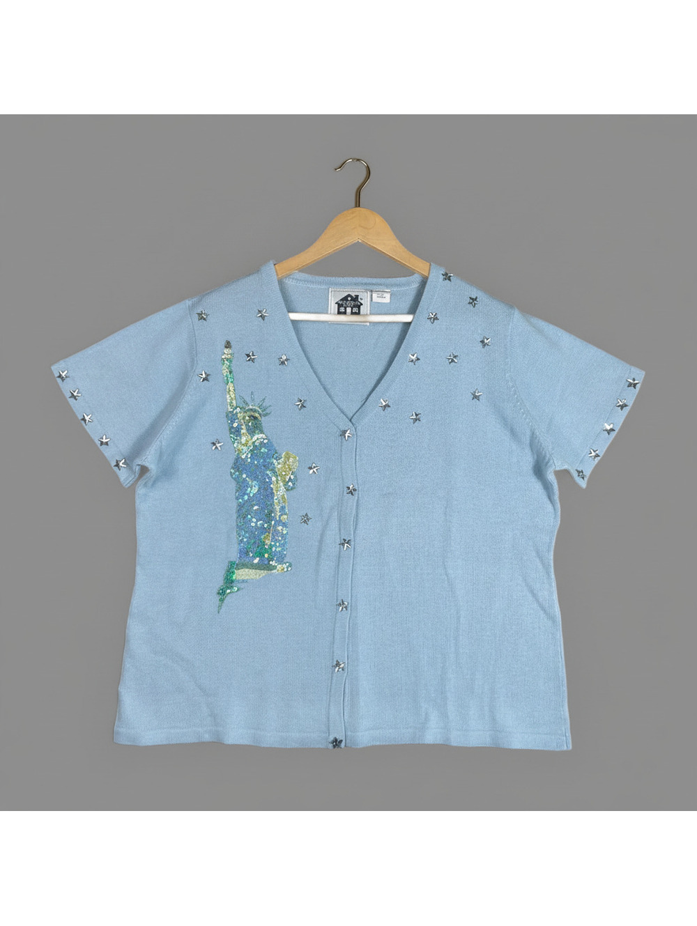 Vintage Storybook Knits Blue Sequin Statue of Liberty Short Sleeve Knit Top 1X